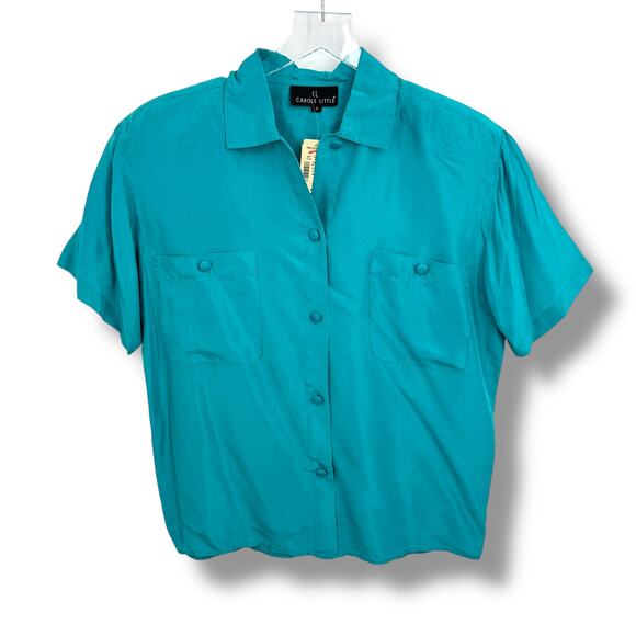 Carole Little Tops - VTG Carole Little blouse 4 100% silk button front teal camp 90's deadstock NEW
